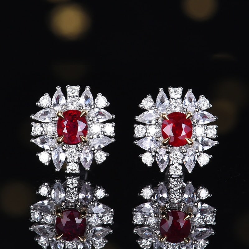 14k Gold 0.81 Ctw Natural Ruby & Diamond Earrings: Ref:231164302 // gold content:14k gold // main gemstone:ruby // shape:oval // carat weight:0. 52ct // color:pigeonblood red // treatment:natural // // adjacent gemstone 2 : diamond // number of