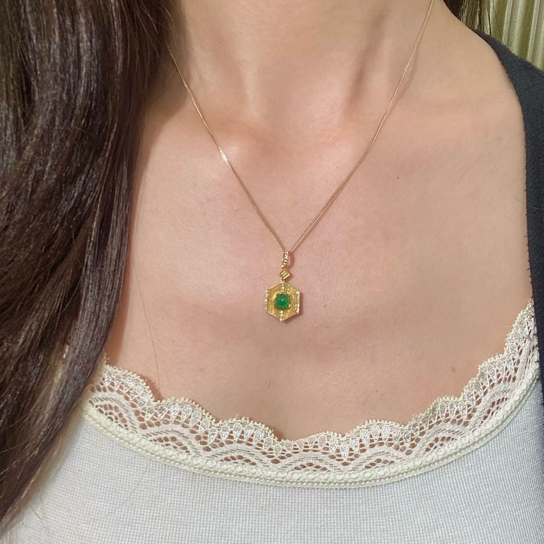 14k Gold 0.90 Ctw Vivid Green Natural Emerald & Diamond Pendant( Without Chain ) - 6