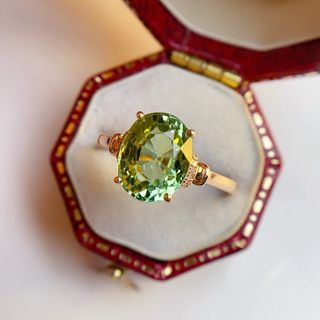 14k Gold 3.25 Ct Natural Tourmaline & Diamond Ring: Ref:231164330 // gold content:14k gold // ring size:7. 25us // // main gemstone:tourmaline // shape:oval // carat weight:3. 25ct // color:green // treatment:natural // // adjacent gemstone 2 :
