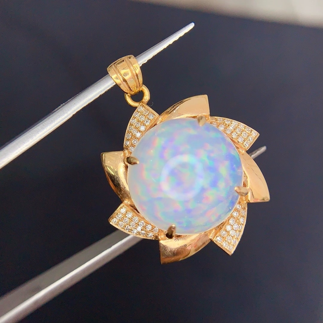 14k Gold 9.8 Ct Natural Opal & Diamond Pendant( Without Chain ) - 2