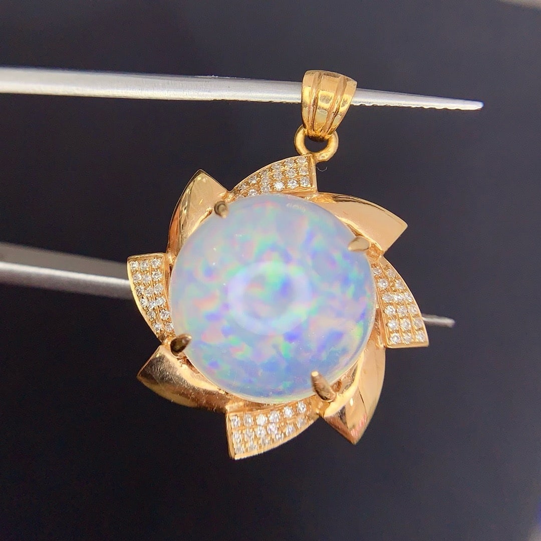14k Gold 9.8 Ct Natural Opal & Diamond Pendant( Without Chain ) - 3