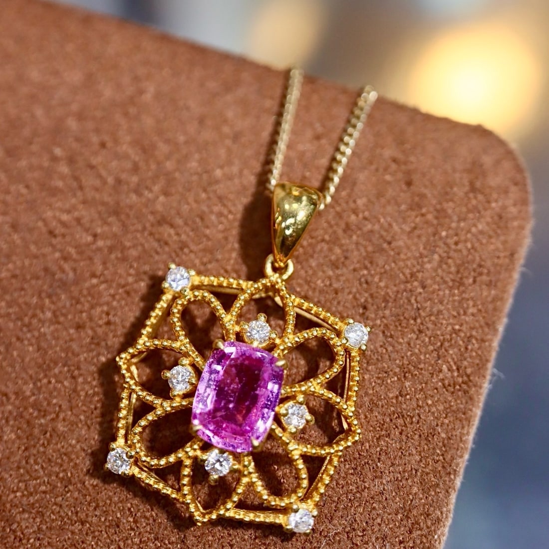 14k Gold 0.87 Ctw Natural Padparadscha Sapphire & Diamond Pendant( Without Chain ) - 2