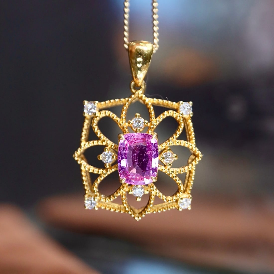 14k Gold 0.87 Ctw Natural Padparadscha Sapphire & Diamond Pendant( Without Chain ) - 4