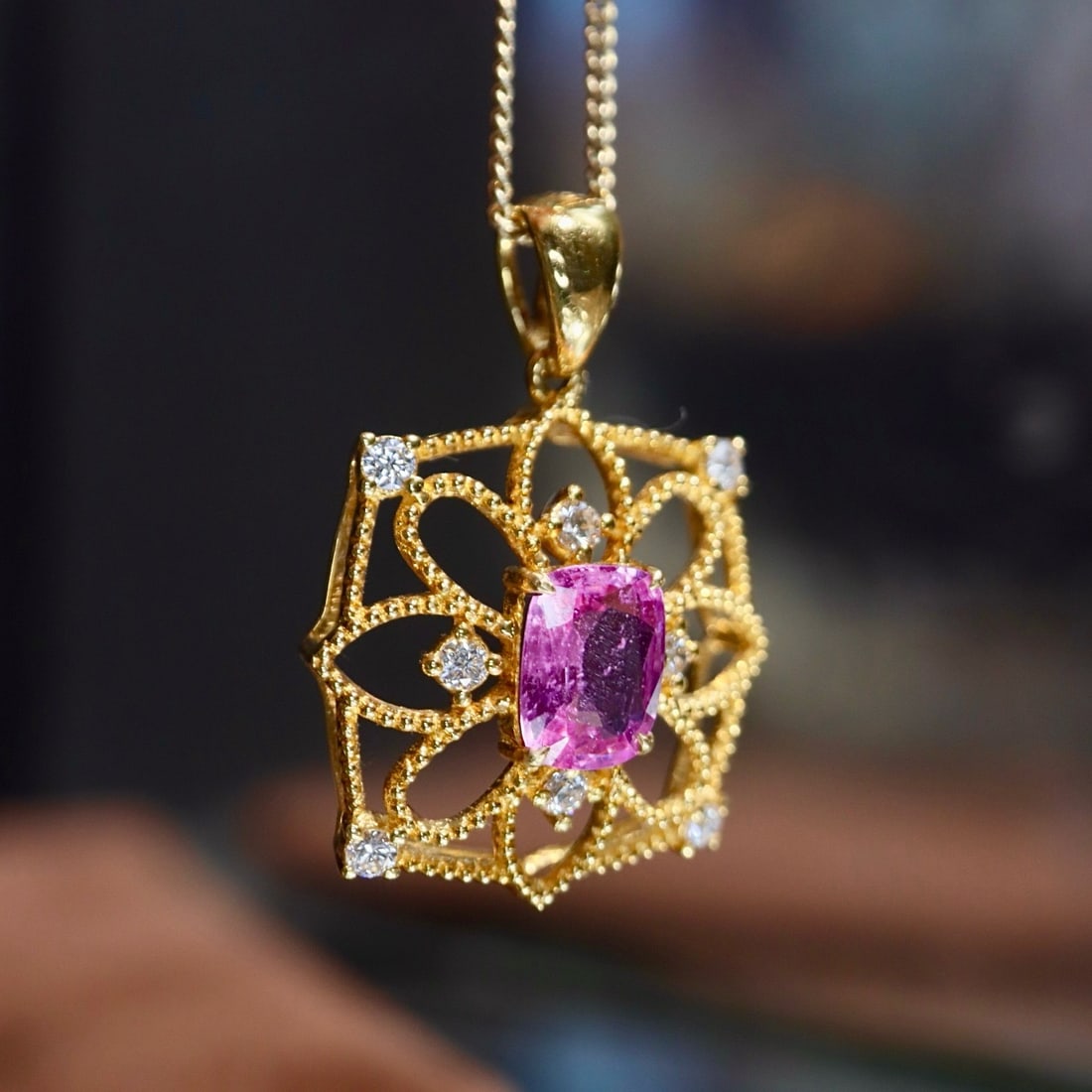 14k Gold 0.87 Ctw Natural Padparadscha Sapphire & Diamond Pendant( Without Chain ) - 5