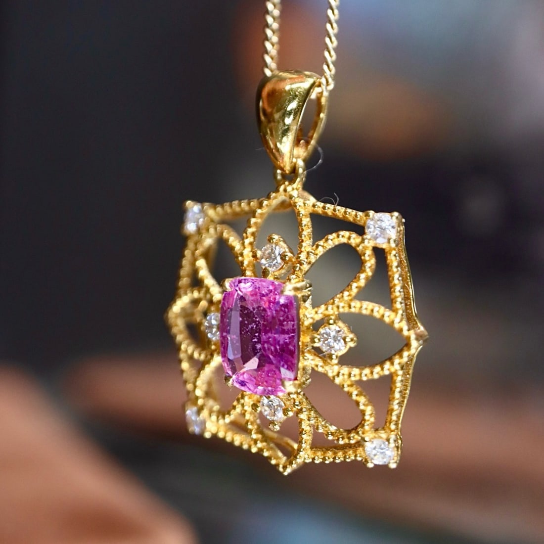 14k Gold 0.87 Ctw Natural Padparadscha Sapphire & Diamond Pendant( Without Chain ) - 6