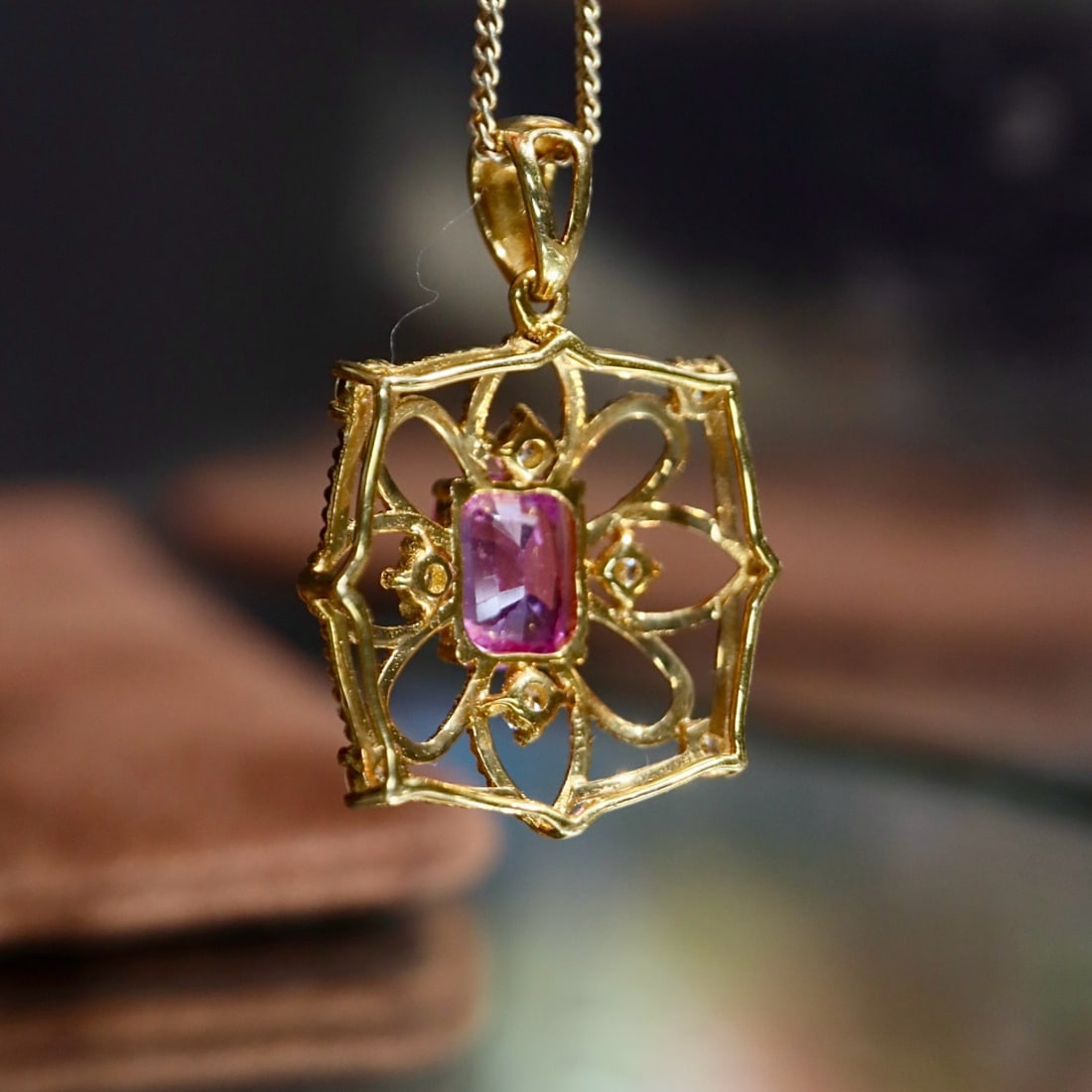 14k Gold 0.87 Ctw Natural Padparadscha Sapphire & Diamond Pendant( Without Chain ) - 7