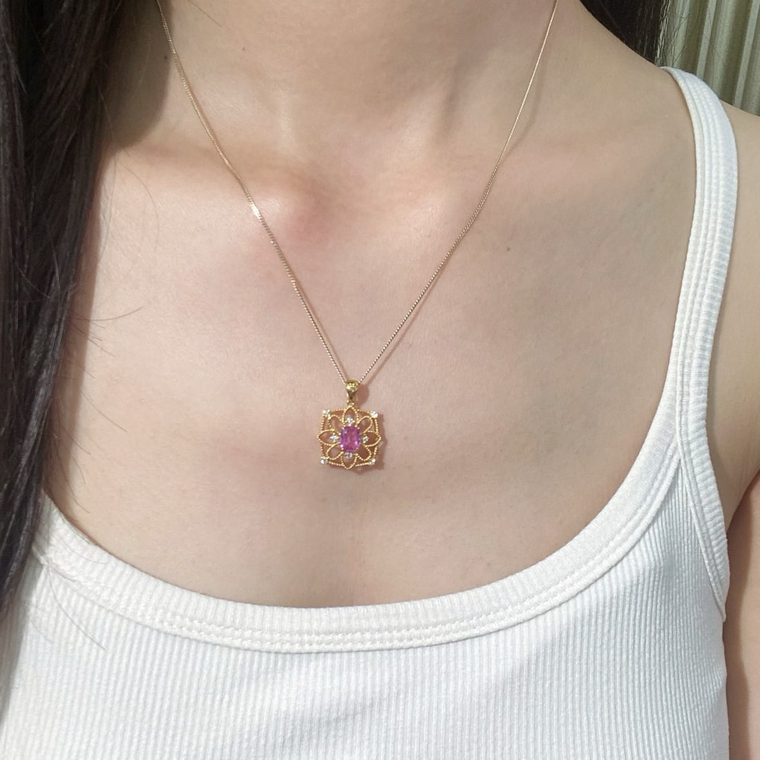14k Gold 0.87 Ctw Natural Padparadscha Sapphire & Diamond Pendant( Without Chain ) - 8
