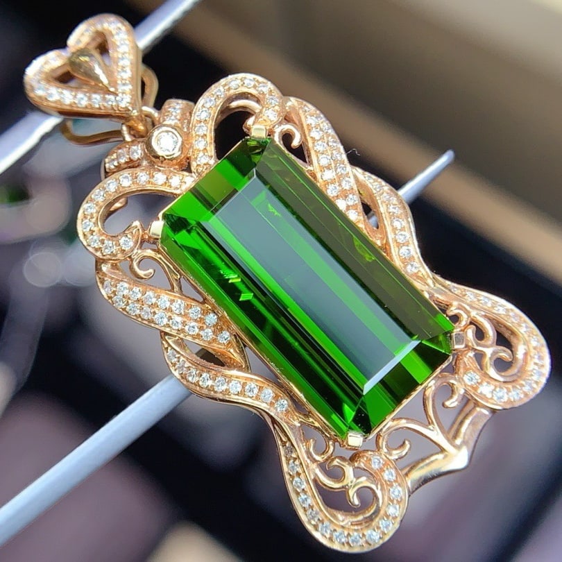 14k Gold 11.95 Ctw Natural Tourmaline & Diamond Pendant( Without Chain ) - 2