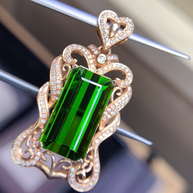 14k Gold 11.95 Ctw Natural Tourmaline & Diamond Pendant( Without Chain ) - 6