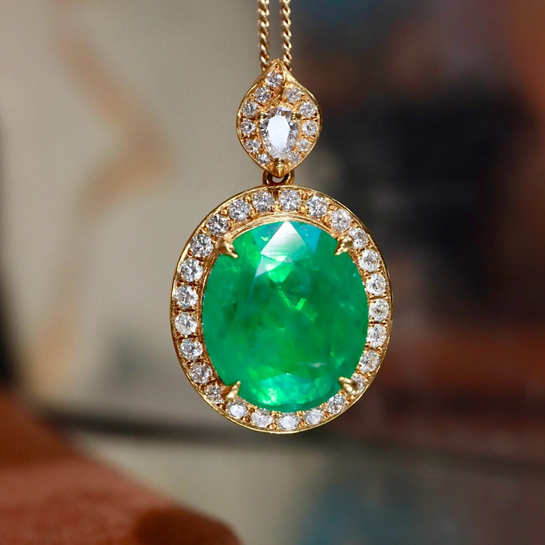 14k Gold 6.37 Ctw Natural Emerald & Diamond Pendant( Without Chain ) - 4