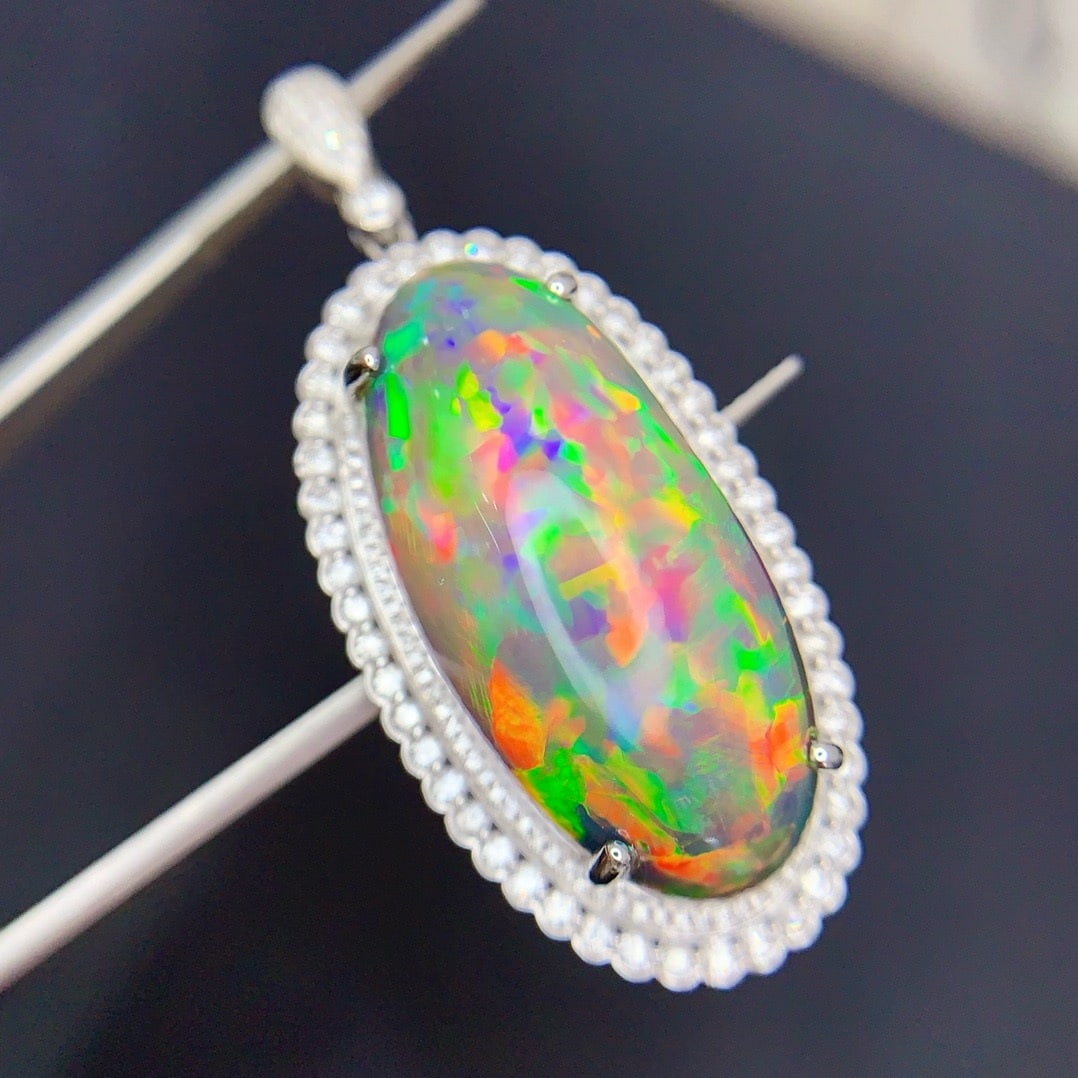 14k Gold 23.5 Ct Natural Opal & Diamond Pendant( Without Chain ) - 2