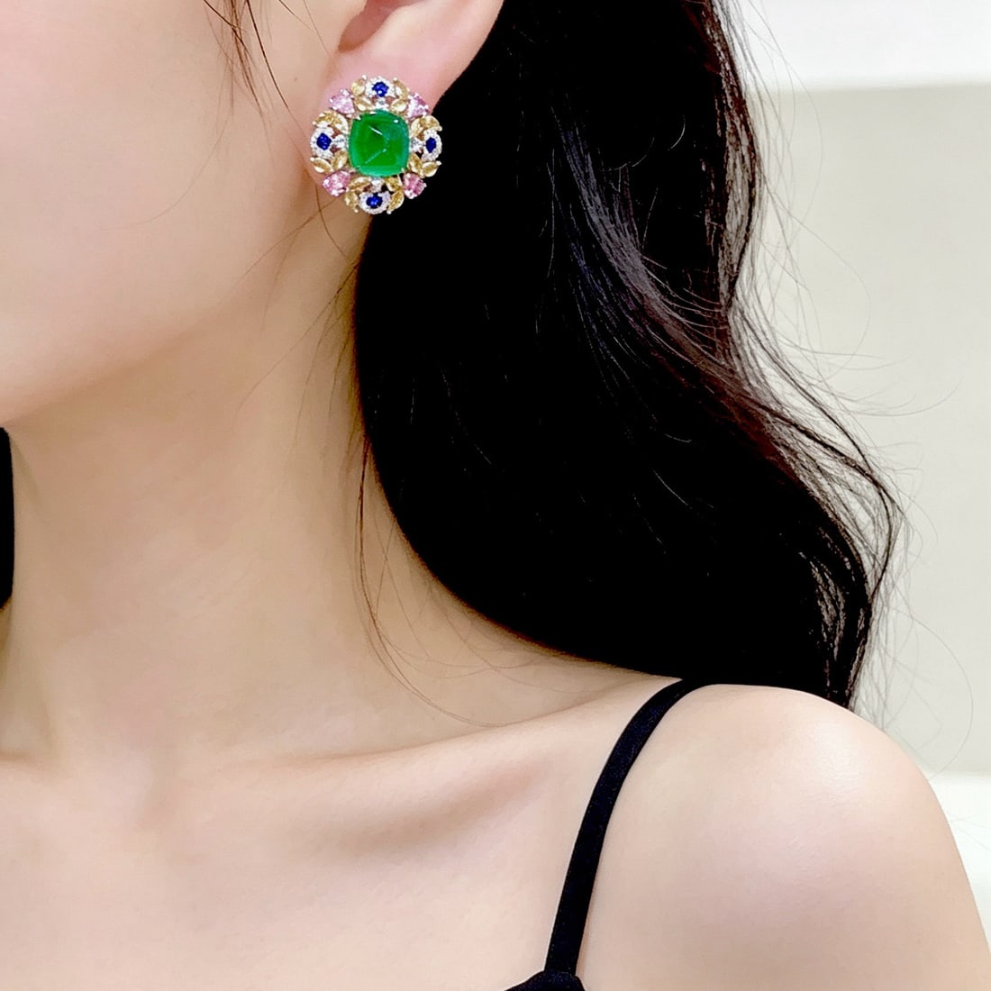 14k Gold 5.2 Ct Natural Emerald & Diamond & Sapphire Earrings - 4