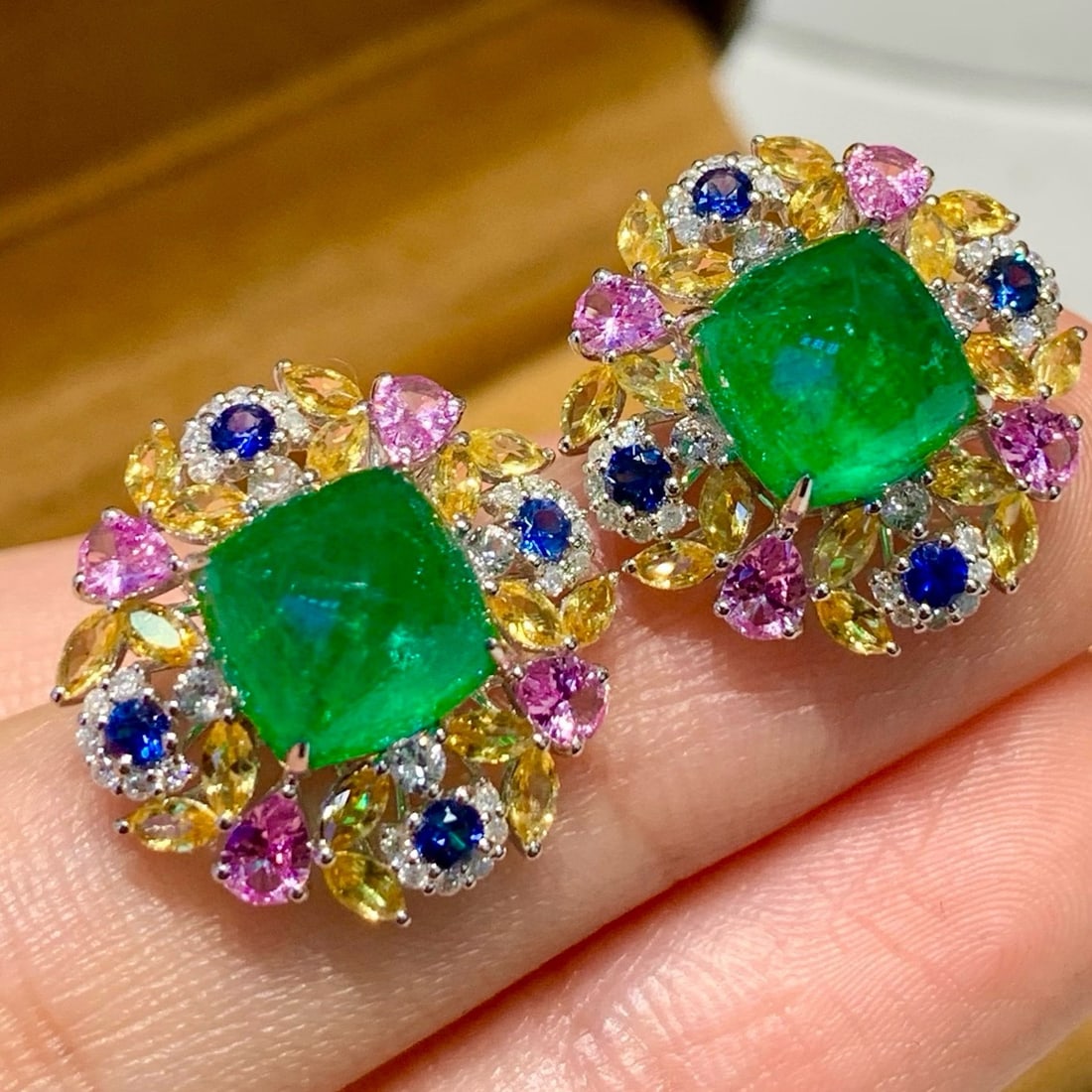 14k Gold 5.2 Ct Natural Emerald & Diamond & Sapphire Earrings - 5