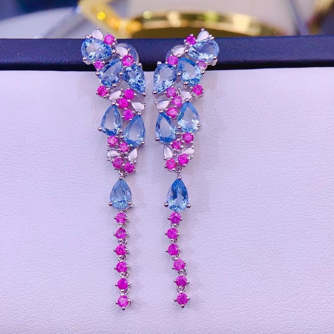 14k Gold 6.3 Ct Natural Aquamarine & Ruby Earrings: Ref:231164391 // gold content:14k gold // main gemstone:aquamarine // shape:pear // carat weight:6. 3ct // color:blue // treatment:natural // // adjacent gemstone 2 : ruby // shape:round //