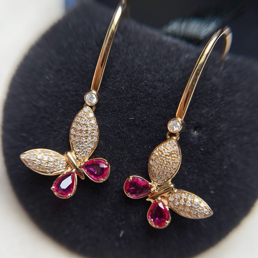 14k Gold 1.10 Ct Natural Ruby & Diamond & Butterfly Earrings - 2