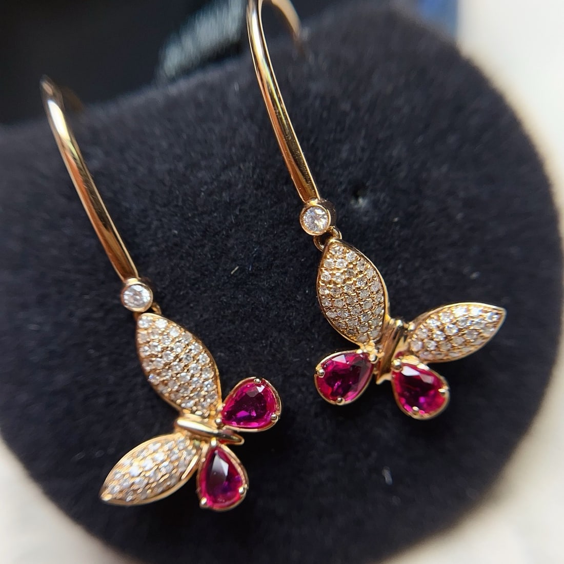 14k Gold 1.10 Ct Natural Ruby & Diamond & Butterfly Earrings - 3
