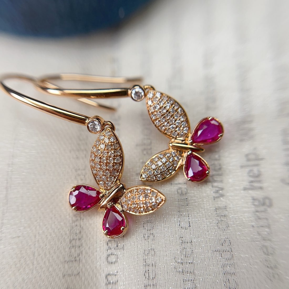 14k Gold 1.10 Ct Natural Ruby & Diamond & Butterfly Earrings - 4