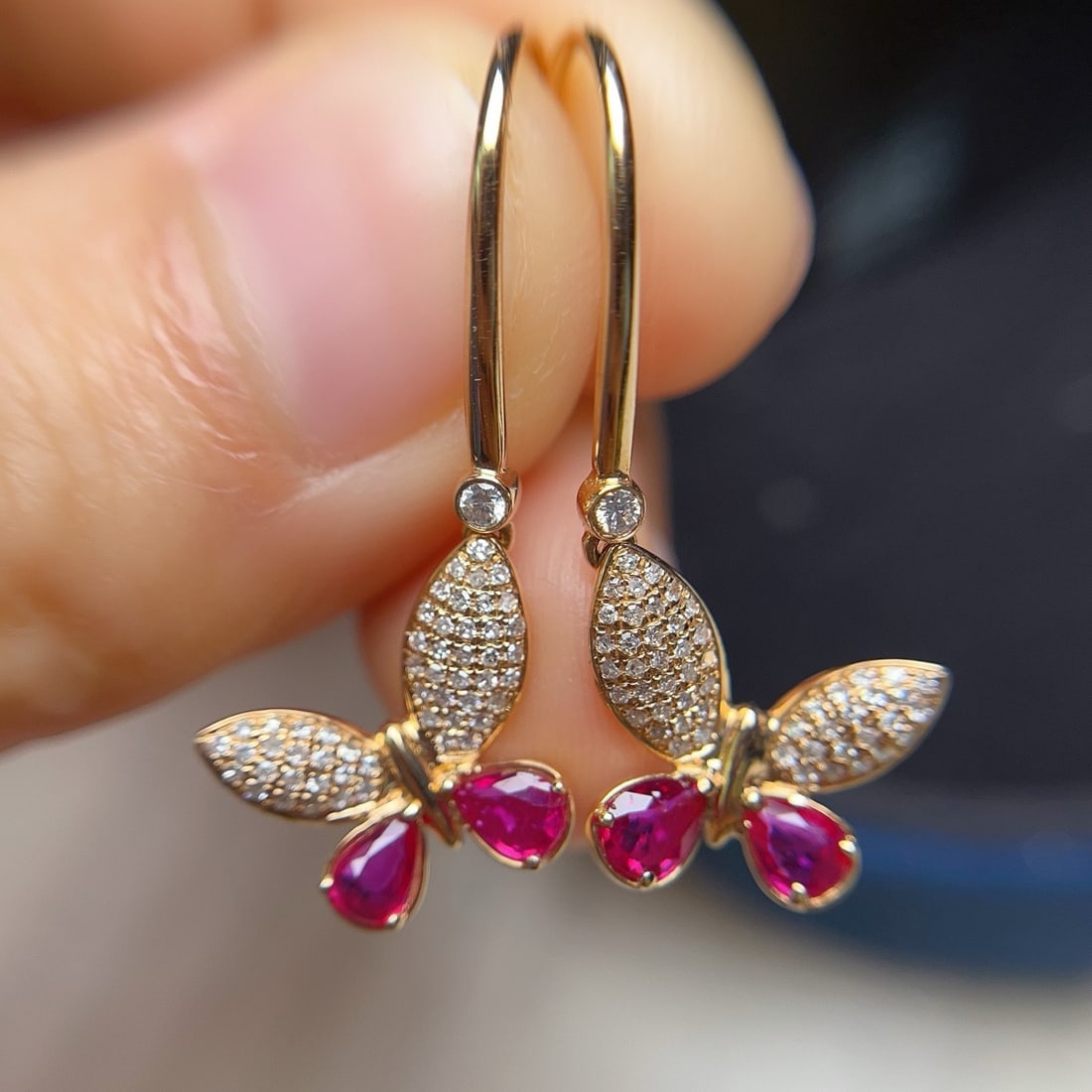 14k Gold 1.10 Ct Natural Ruby & Diamond & Butterfly Earrings - 5