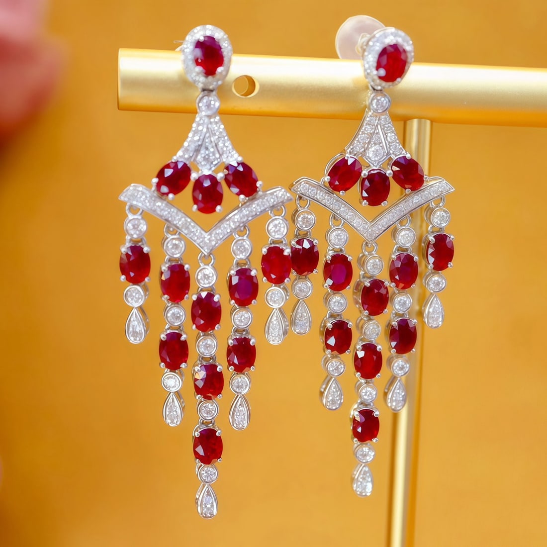 14k Gold 5.65 Ctw Vivid Red Natural Ruby & Diamond Earrings - 2
