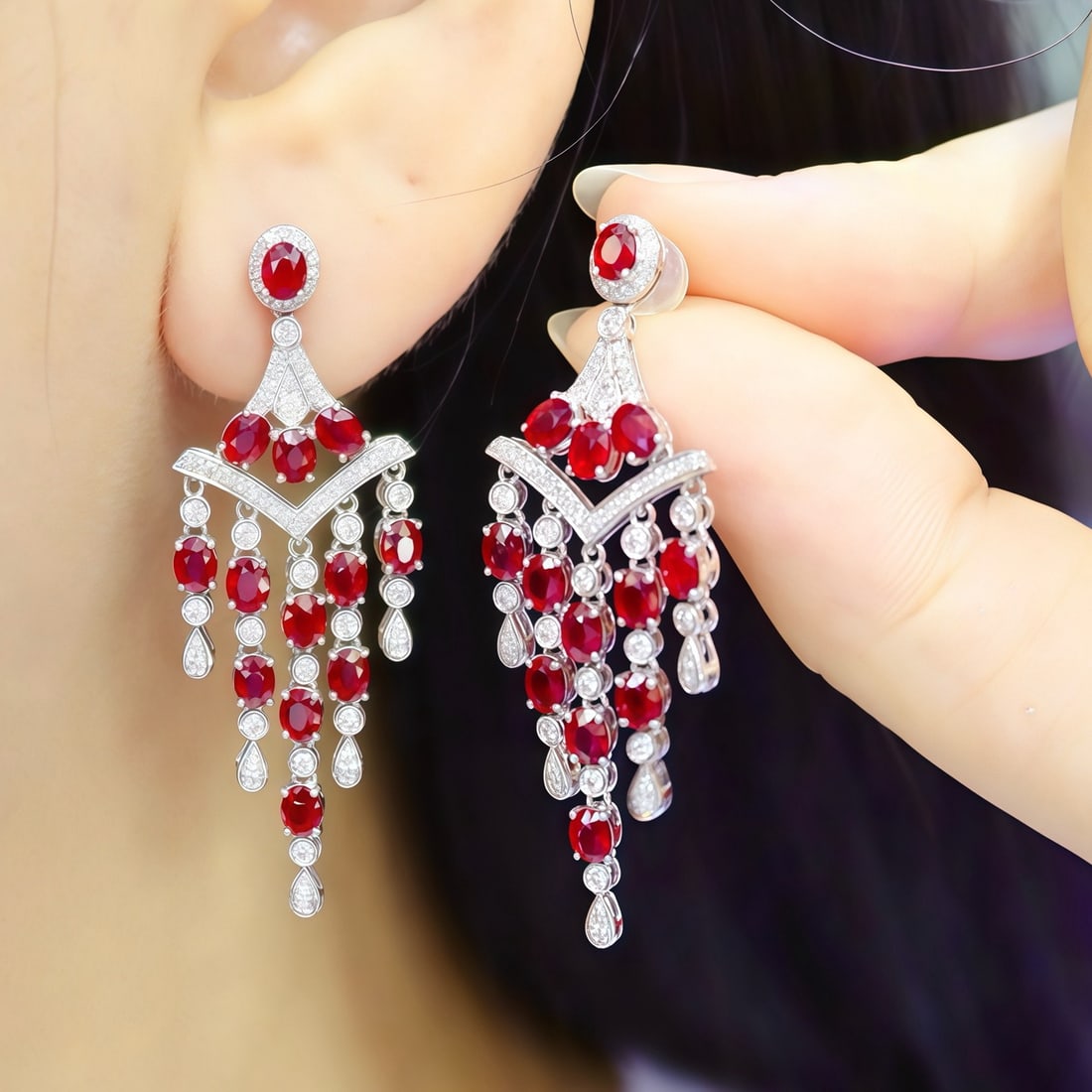 14k Gold 5.65 Ctw Vivid Red Natural Ruby & Diamond Earrings - 5
