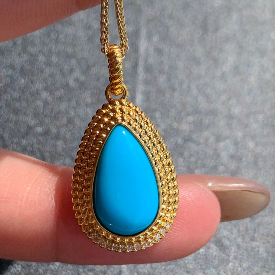 14k Gold 3.1 Ct Natural Blue Turquoise & Diamond Pendant( Without Chain ) - 8