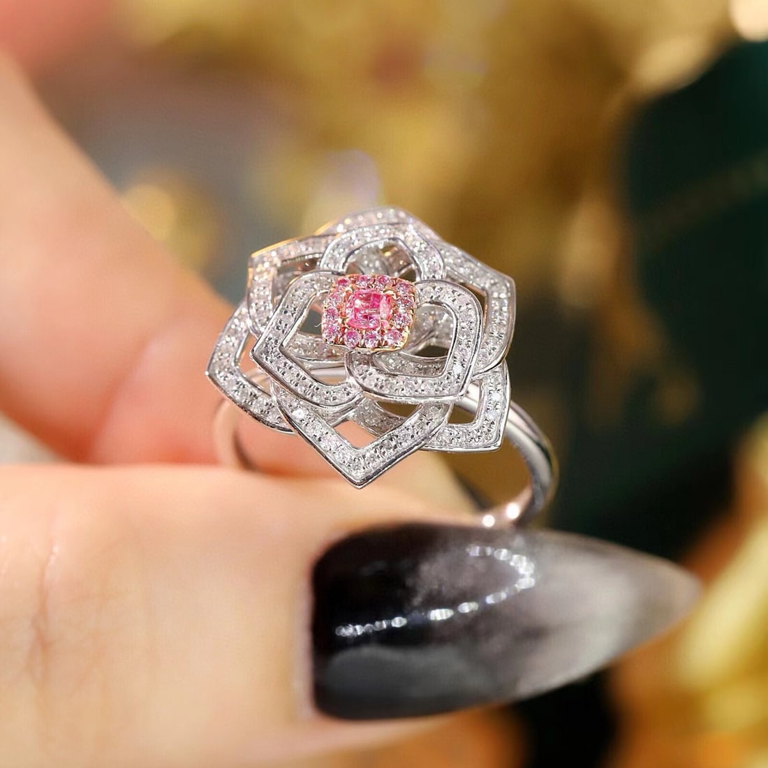 14k Gold 0.65 Ctw Natural Pink Diamond & Diamond & Flowers Ring - 6