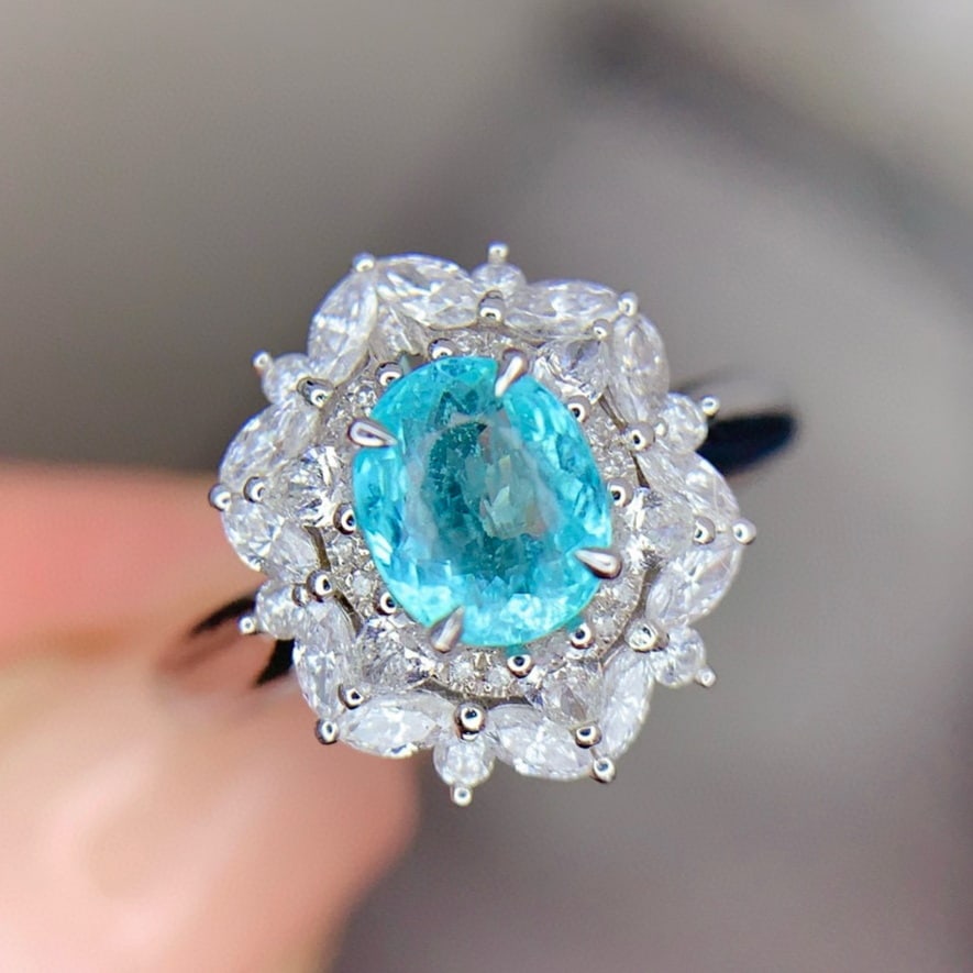 14k Gold 0.74 Ct Natural Paraiba Tourmaline & Diamond Ring: Ref:231165060 // gold content:14k gold // ring size:7. 25us // // main gemstone:paraiba tourmaline // shape:oval // carat weight:0. 74ct // clarity grade:vs2 // color:blue // treatment:natural // //