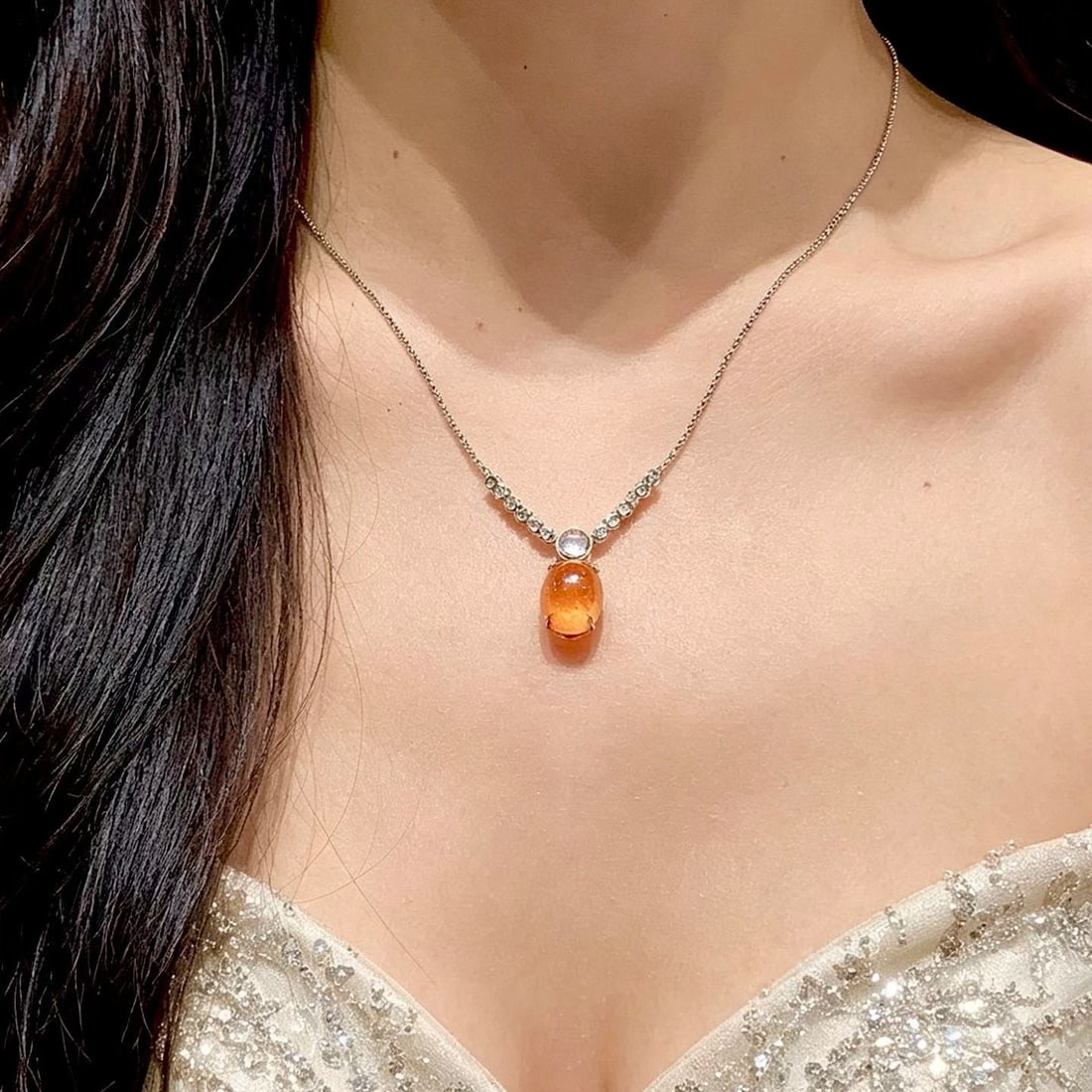 14k Gold 6.2 Ct Natural Spessartine & Diamond Necklace - 4