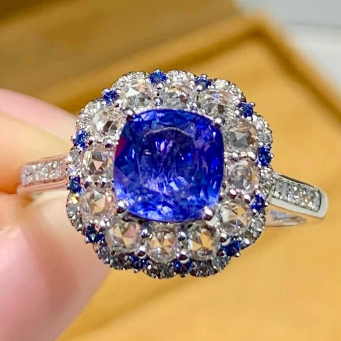 14k Gold 1.3 Ct Natural Sapphire & Diamond Ring: Ref:231165075 // gold content:14k gold // ring size:7. 25us // // main gemstone:sapphire // shape:cushion // carat weight:1. 3ct // color:blue // treatment:natural // // adjacent gemstone 2 : diamond