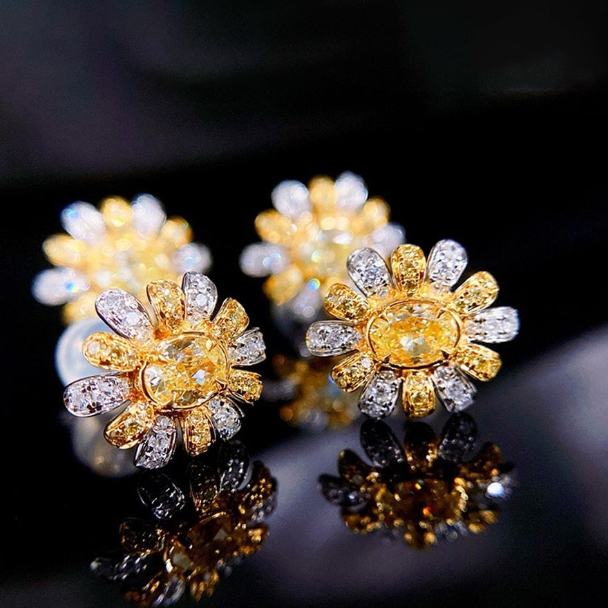 14k Gold 1.00 Ct Natural Color Diamond & Flowers Earrings - 2