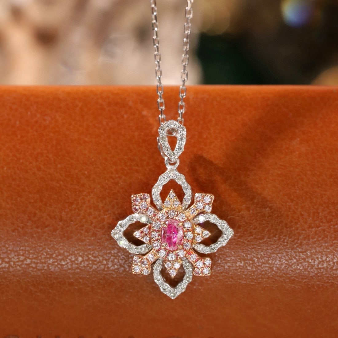 14k Gold 0.40 Ctw Natural Pink Diamond & Diamond Necklace: Ref:231165098 // gold content:14k gold // main gemstone:pink diamond // shape:oval // carat weight:0. 12ct // color:pink // treatment:natural // // adjacent gemstone 2 : diamond // shape:round //