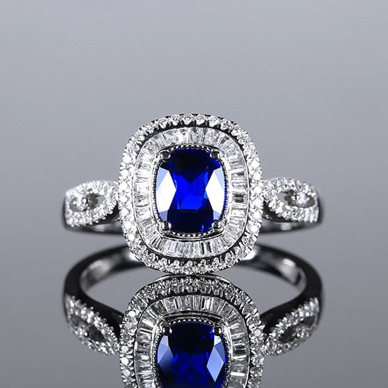 14k Gold 1.53 Ctw Natural Sapphire & Diamond Ring: Ref:231165131 // gold content:14k gold // ring size:7. 25us // // main gemstone:sapphire // shape:cushion // carat weight:1. 05ct // color:blue // treatment:natural // // adjacent gemstone 2 :