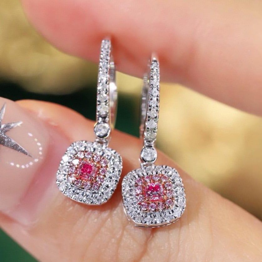 14k Gold 0.60 Ctw Natural Pink Diamond & Diamond Earrings: Ref:231165142 // gold content:14k gold // main gemstone:pink diamond // shape:cushion // carat weight:0. 12ct // color:pink // treatment:natural // // adjacent gemstone 2 : diamond // shape:round //