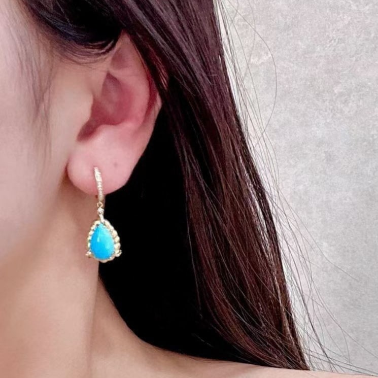 14k Gold 5.63 Ctw Natural Blue Turquoise & Diamond Earrings - 4