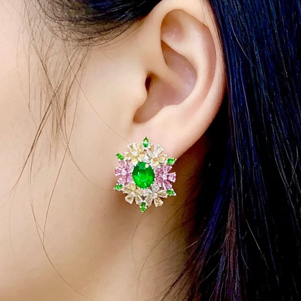 14k Gold 2.8 Ct Natural Tsavorite & Diamond & Coloured Gemstone Earrings - 2
