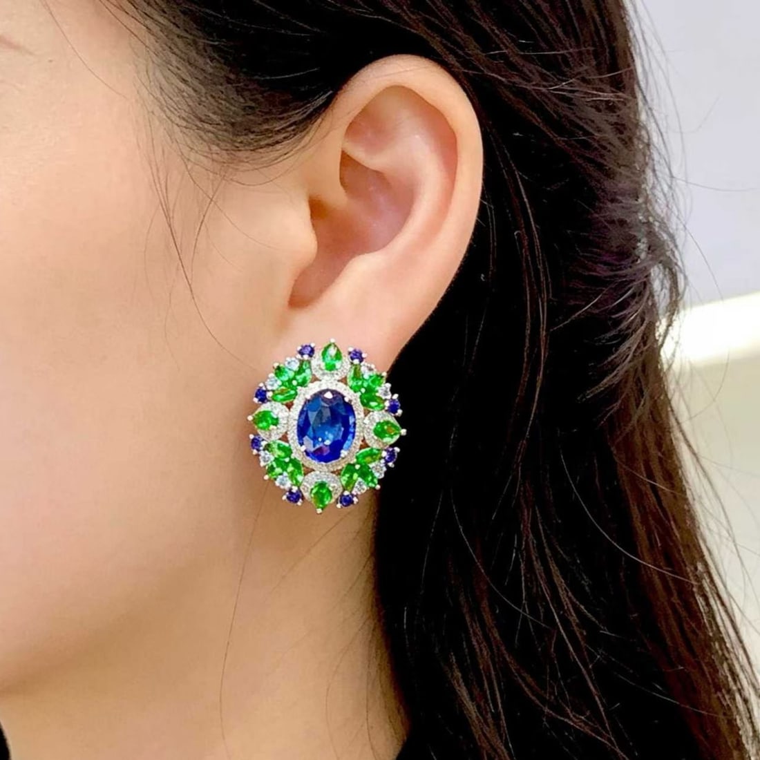 14k Gold 3.85 Ct Natural Sapphire & Diamond & Tsavorite & Sapphire Earrings - 5