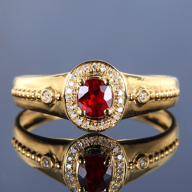 14k Gold 0.42 Ctw Natural Ruby & Diamond Ring: Ref:231165173 // gold content:14k gold // ring size:7. 25us // // main gemstone:ruby // shape:oval // carat weight:0. 35ct // color:red // treatment:natural // // adjacent gemstone 2 : diamond //