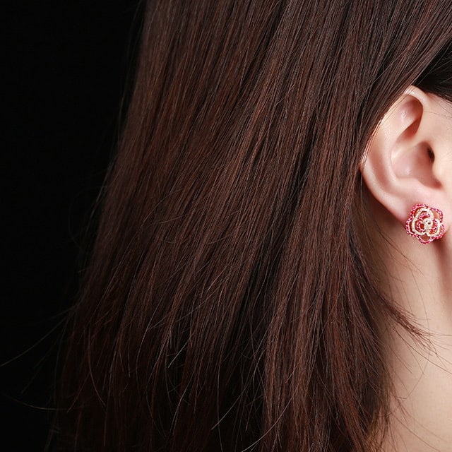 14k Gold 0.62 Ctw Natural Ruby & Diamond & Flowers Earrings - 6