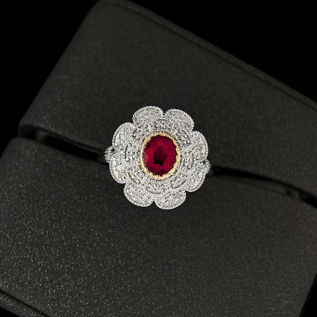 14k Gold 0.82 Ct Natural Ruby & Diamond Ring: Ref:231165227 // gold content:14k gold // ring size:7. 25us // // main gemstone:ruby & diamond // shape:oval & round // carat weight:0. 82ct // color:red & white // treatment:natural // Low Estimate: 
