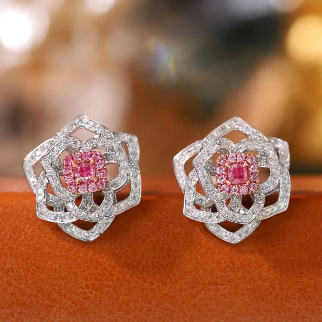 14k Gold 0.80 Ctw Natural Pink Diamond & Diamond & Flowers Earrings: Ref:231165237 // gold content:14k gold // main gemstone:pink diamond // shape:cushion // carat weight:0. 22ct // color:pink // treatment:natural // // adjacent gemstone 2 : diamond // shape:round //