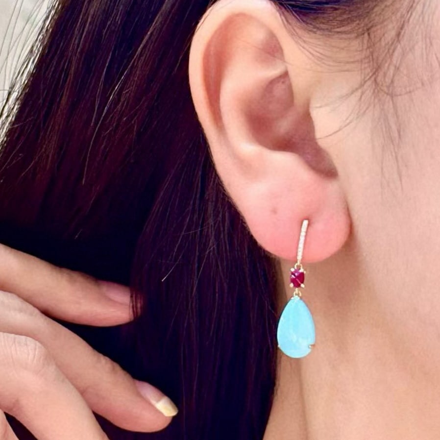 14k Gold 5.41 Ctw Natural Blue Turquoise & Ruby Earrings - 4
