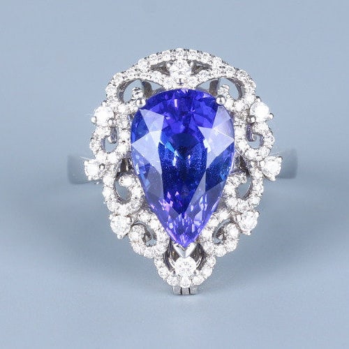 14k Gold 6.45 Ct Natural Tanzanite & Diamond Ring/pendant( Without Chain ): Ref:231166001 // gold content:14k gold // ring size:7. 25us // // main gemstone:tanzanite // shape:pear // carat weight:6. 45ct // color:blue // treatment:natural // // adjacent gemstone 2 : diamond