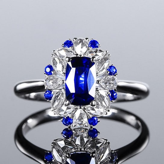 14k Gold 1.21 Ctw Natural Sapphire & Sapphire Ring: Ref:231166015 // gold content:14k gold // ring size:7. 25us // // main gemstone:sapphire // shape:cushion // carat weight:1. 09ct // color:blue // treatment:natural // // adjacent gemstone 2 :
