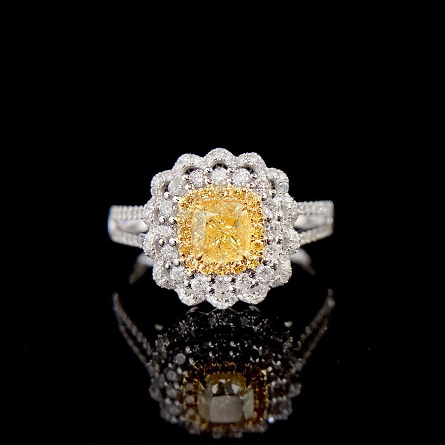 14k Gold 0.98 Ctw Natural Yellow Diamond & Diamond Ring: Ref:231166037 // gold content:14k gold // ring size:7. 25us // // main gemstone:yellow diamond // shape:cushion // carat weight:0. 50ct // color:yellow // treatment:natural // // adjacent gemstone 2