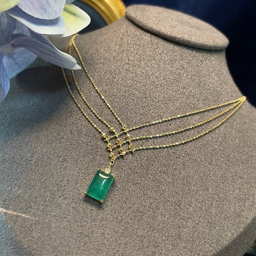 14k Gold 2.10 Ct Natural Emerald & Diamond Necklace - 7