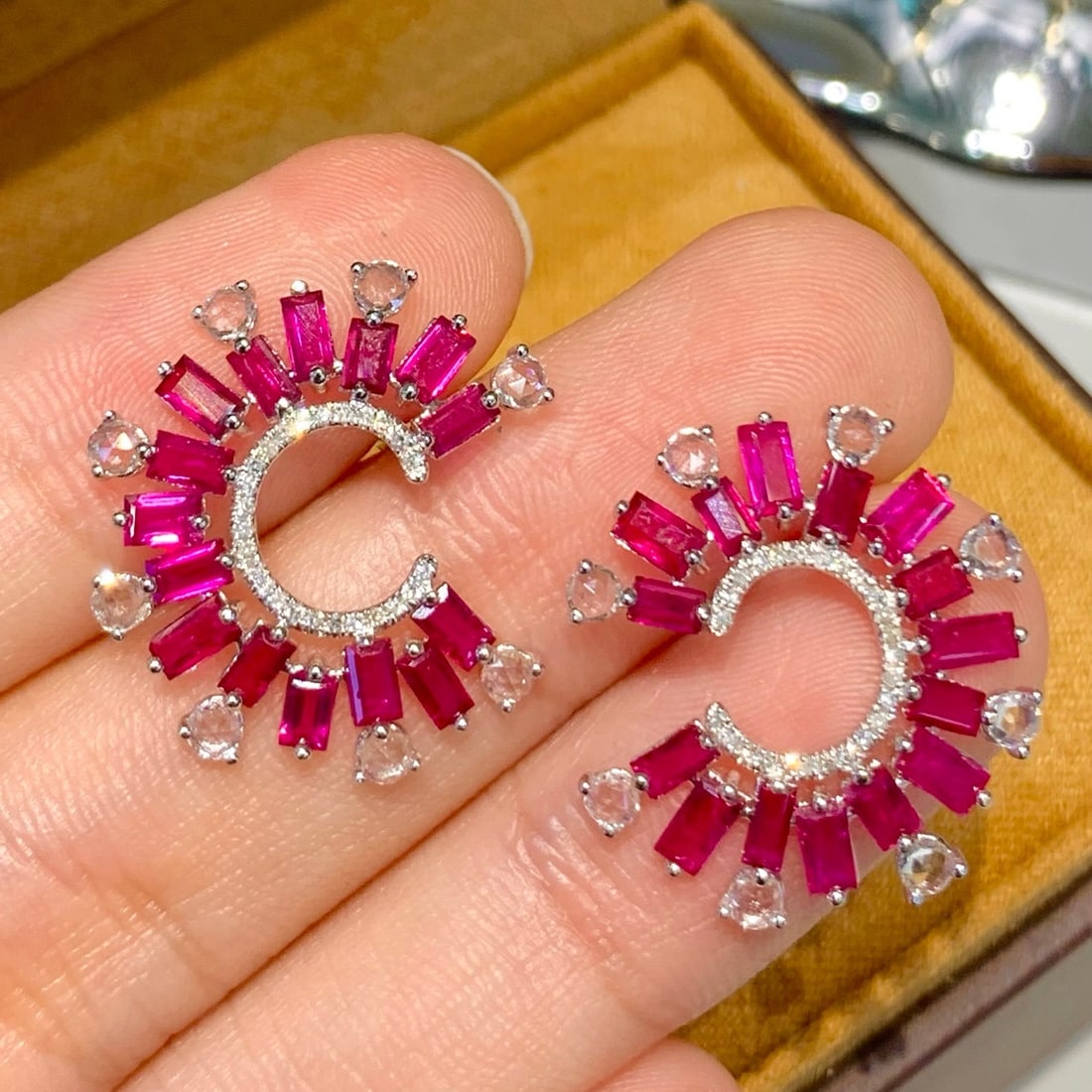 14k Gold 3 Ct Natural Ruby & Diamond & Sapphire Earrings - 2