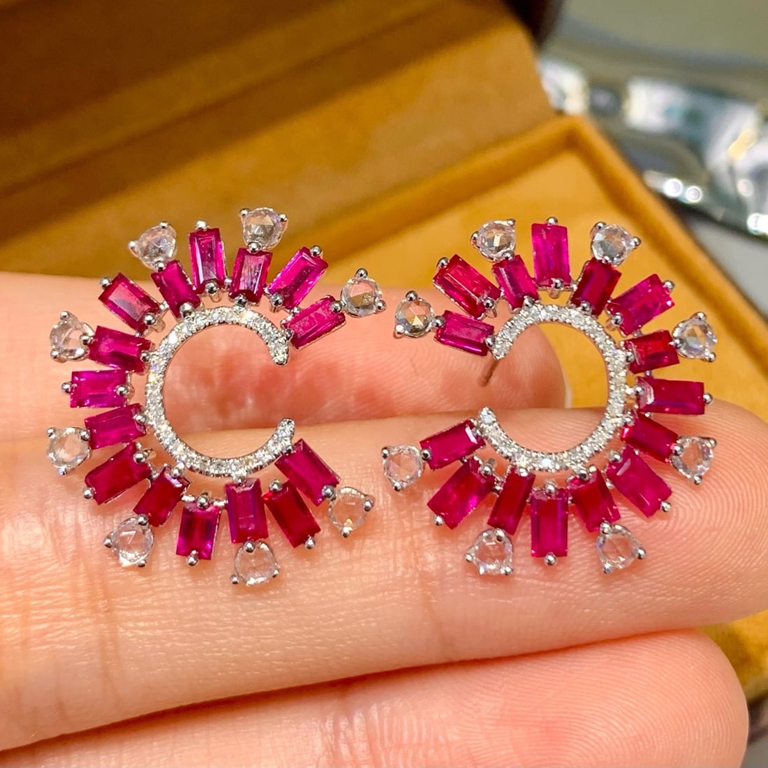 14k Gold 3 Ct Natural Ruby & Diamond & Sapphire Earrings - 4