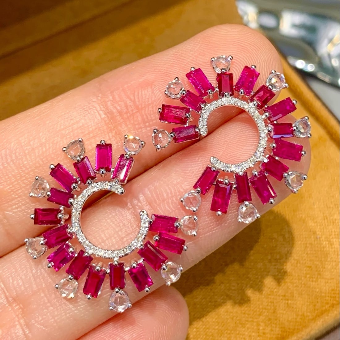 14k Gold 3 Ct Natural Ruby & Diamond & Sapphire Earrings - 5