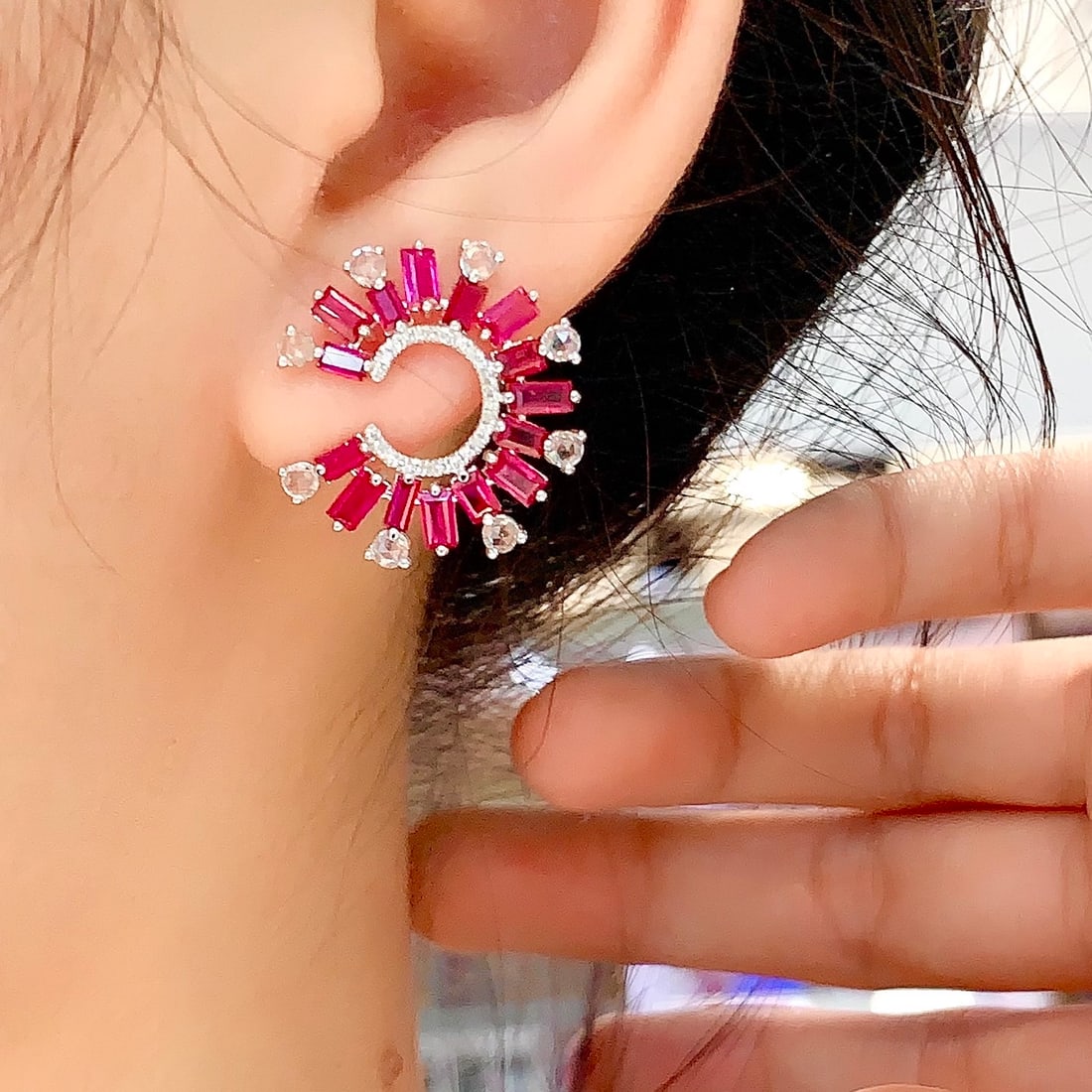 14k Gold 3 Ct Natural Ruby & Diamond & Sapphire Earrings - 6