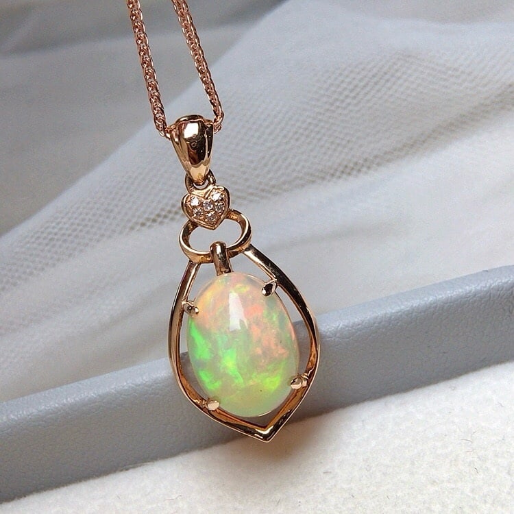 14k Gold 2.80 Ct Natural Opal & Diamond Pendant( Without Chain ) - 4